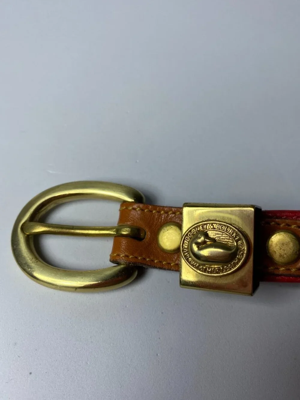 VTG DOONEY & BOURKE All Weather Leather USA Red Belt Brass Duck S 26-28 NWOT